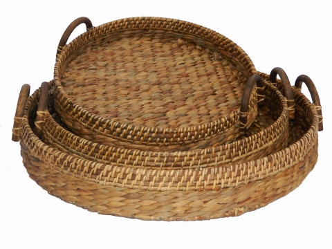 3pc round water hyacinth tray with rattan handles